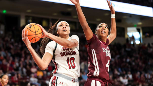 South Carolina Gamecocks center Kamilla Cardoso (10) shoots over Mississippi State Bulldogs forward Jessika Carter (4) in the first half at Colonial Life Arena.